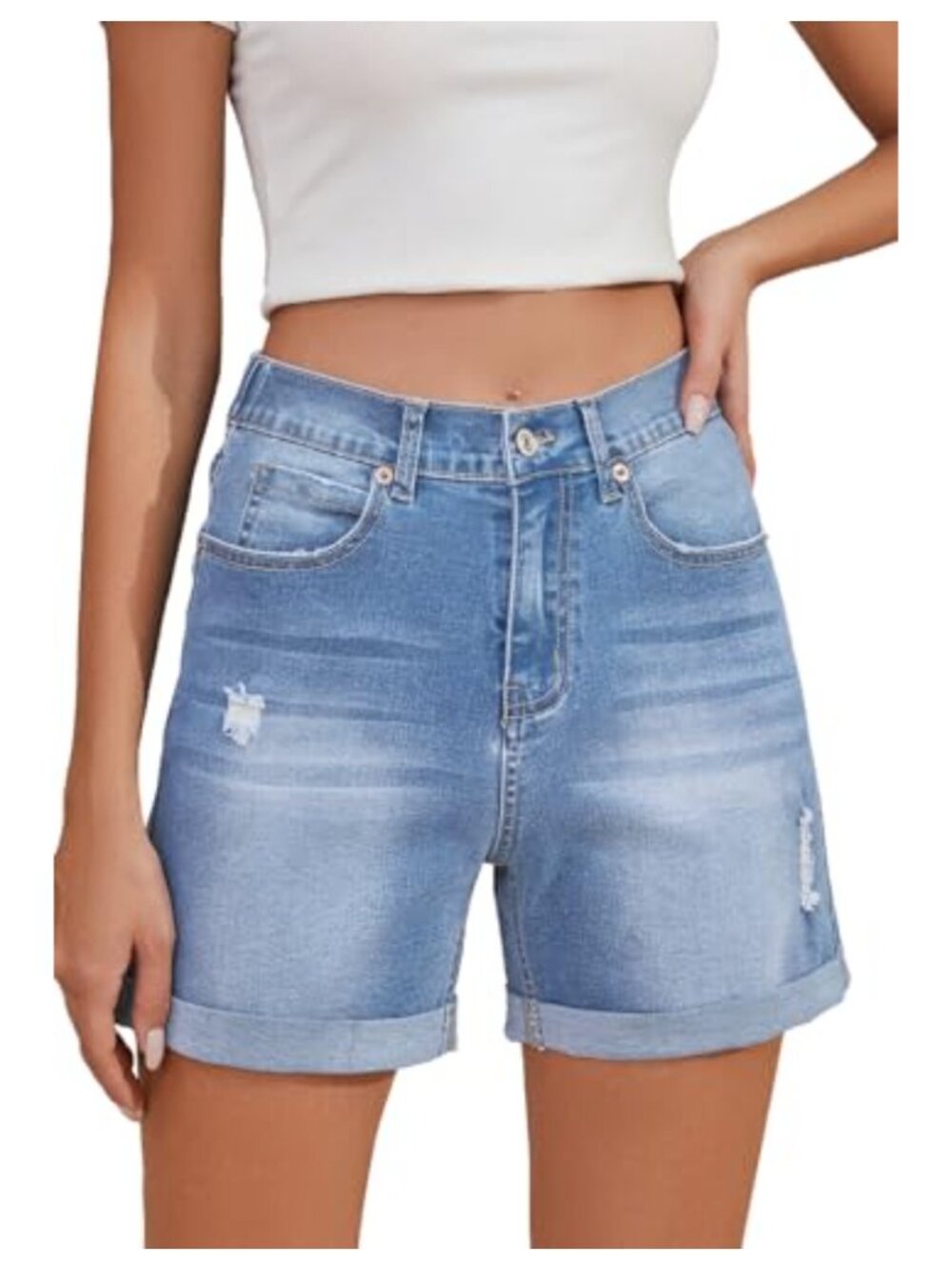 Women's High Waist Stretchy Denim Jean Shorts Rolled Hem Summer